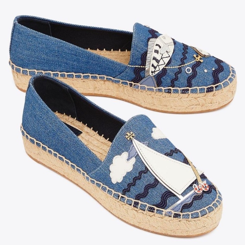 Tory Burch Denim Espadrilles with Sailboat Motif